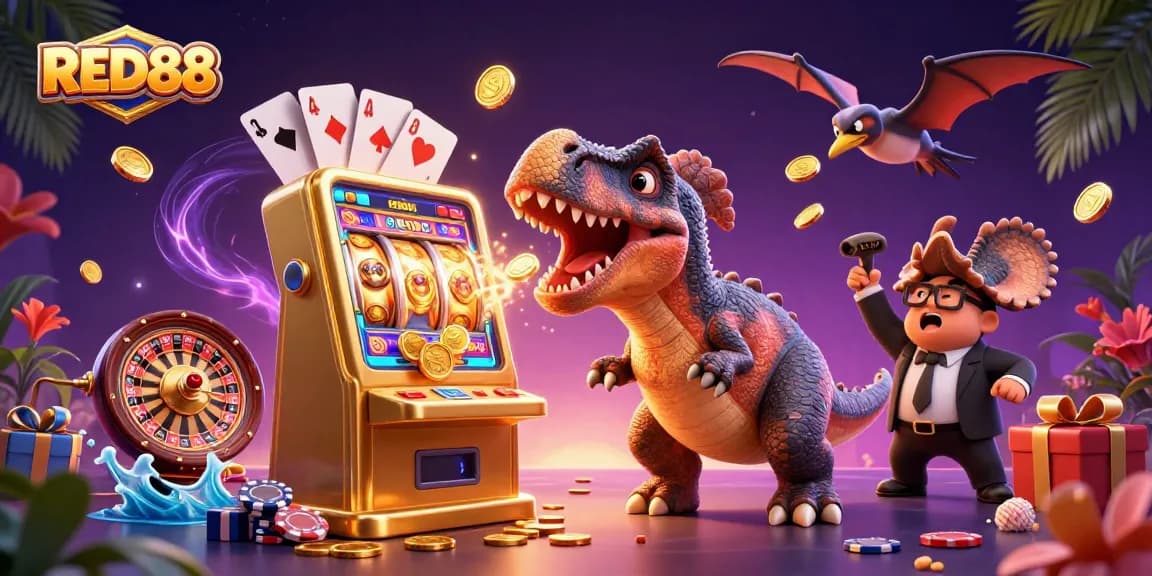 Experience RED88's thrilling jackpot with a colorful slot machine and animated characters.