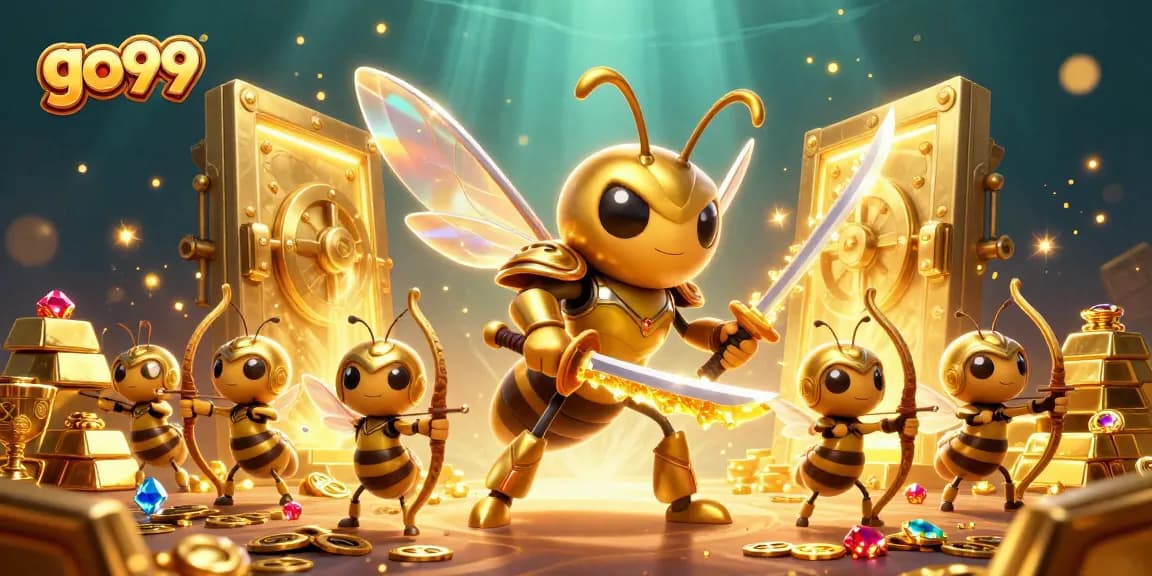 Engage with go99's thrilling gaming world featuring a golden hornet samurai in an enchanting treasure scene.