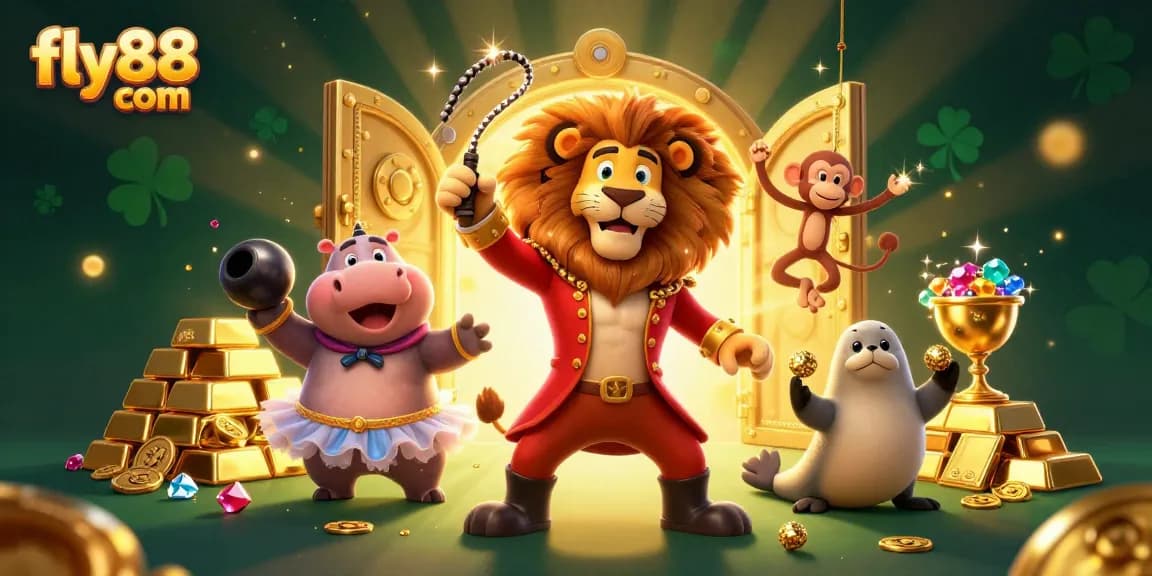 Experience the thrill of gaming at fly88 com with exciting 3D circus characters and treasure elements.
