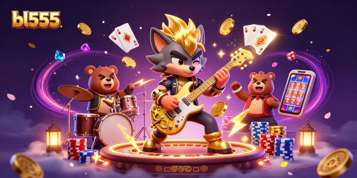 Experience the thrill of bl555 with a 3D illustration showcasing vibrant casino action, energetic characters, and exciting game elements.