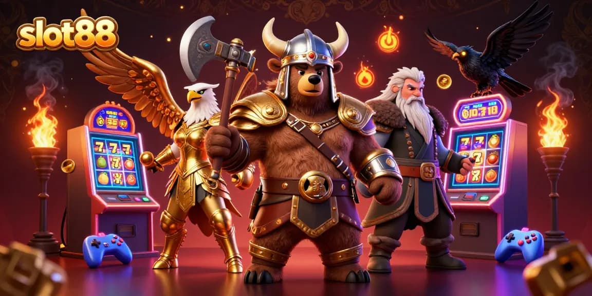 Engage with exciting slot88 gameplay featuring Viking characters and dynamic arcade visuals.