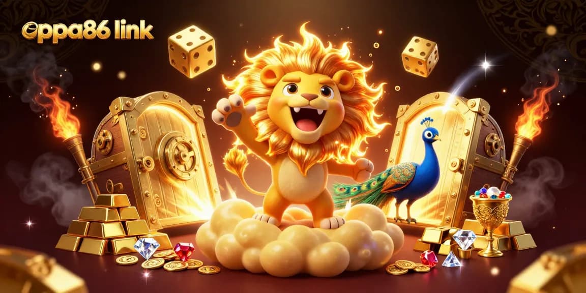 Spin to win with oppa86 link, showcasing a vibrant 3D gaming scene filled with riches.