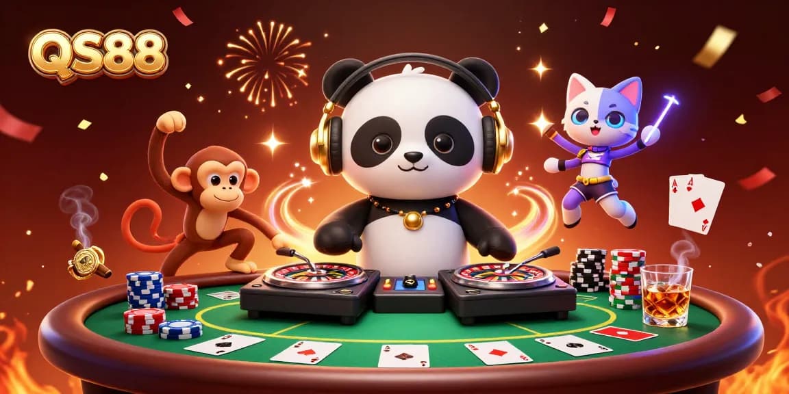 Join the excitement at QS88 with a lively 3D scene featuring a DJ panda and vibrant gaming elements.