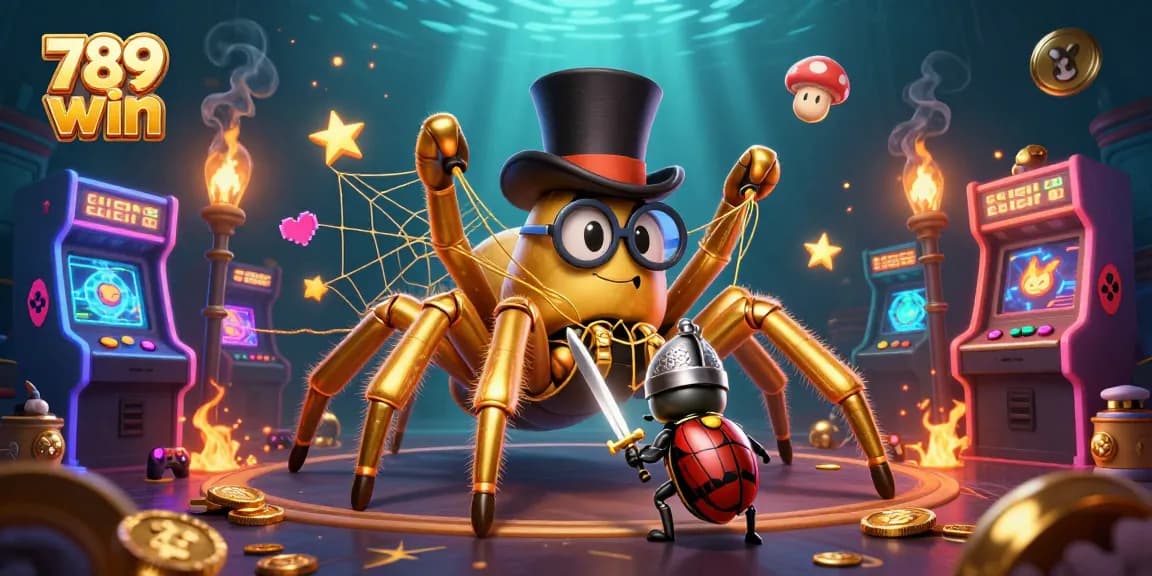 Engage with 789 win in a vibrant 3D casino world featuring a golden tarantula and gaming elements.