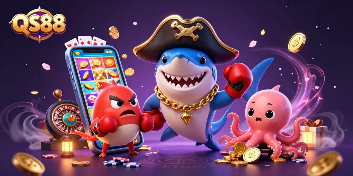 Engage in the vibrant world of QS88 with an animated shark, pufferfish, and octopus celebrating casino excitement.
