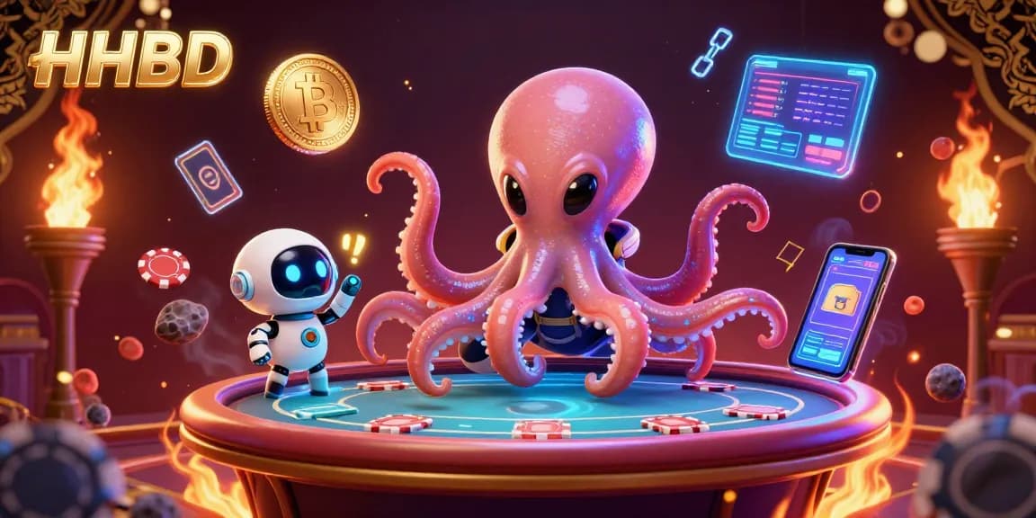 Engage with the HHBD casino experience featuring an octopus at a holographic poker table amidst cryptocurrency elements.