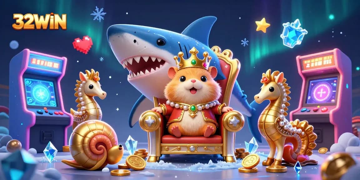 Experience thrilling gameplay with 32WIN, featuring vibrant arcade machines and a majestic hamster king.
