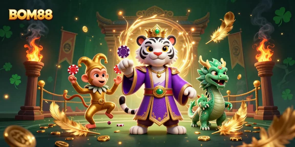 BOM88 showcases a vibrant 3D casino scene featuring a majestic white tiger and lively monkey amid golden gaming elements.