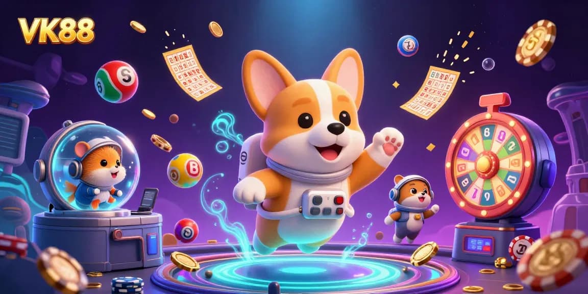 Experience the dynamic thrill of VK88 with a corgi astronaut and vibrant gambling elements.