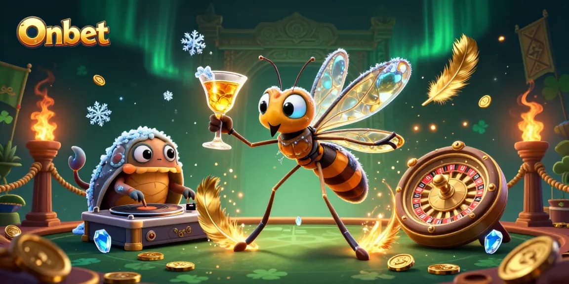 Experience thrilling gameplay at Onbet with a vibrant casino scene featuring a frozen mosquito mascot and dynamic DJ.