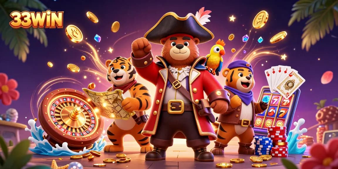 Engage with the thrilling adventures at 33WIN, featuring colorful casino elements and vibrant characters.