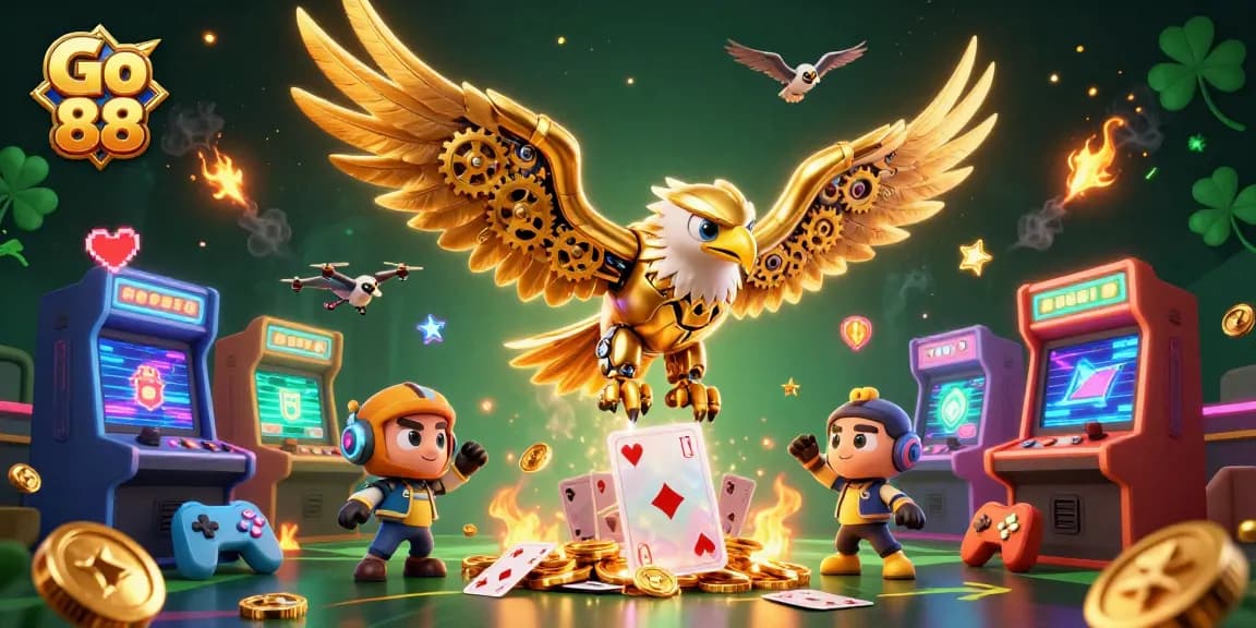 Experience the thrill of Go 88 through a dynamic 3D illustration of a golden eagle and arcade elements.