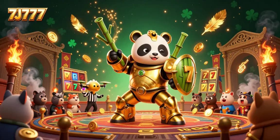 Engage with 7J777 in a vibrant 3D casino illustration showcasing dynamic golden panda characters and immersive gaming elements.