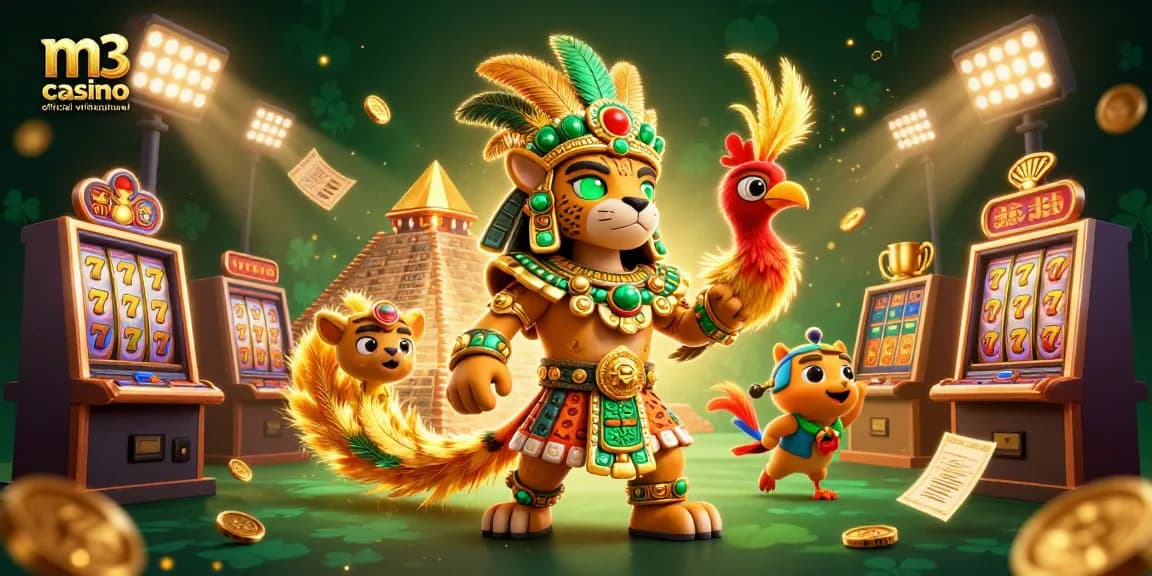 M3 casino official withdrawal showcases an exciting 3D digital scene with a Mayan priest and gaming elements.