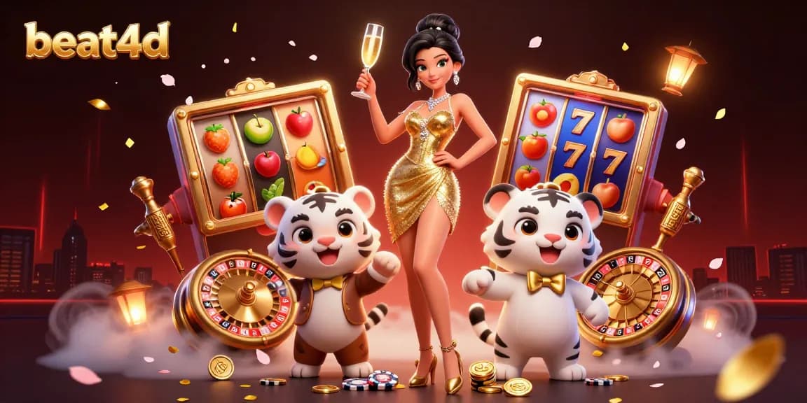 Experience the thrill of beat4d casino slots with a glamorous scene of a woman and a lucky tiger.