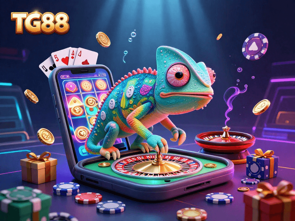 Engaging TG88 chameleon casino owner catching golden coins in a vibrant gaming scene.