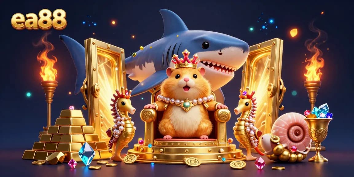 Experience the thrilling world of ea88 with a fierce golden hamster king surrounded by treasure and seahorse guards.