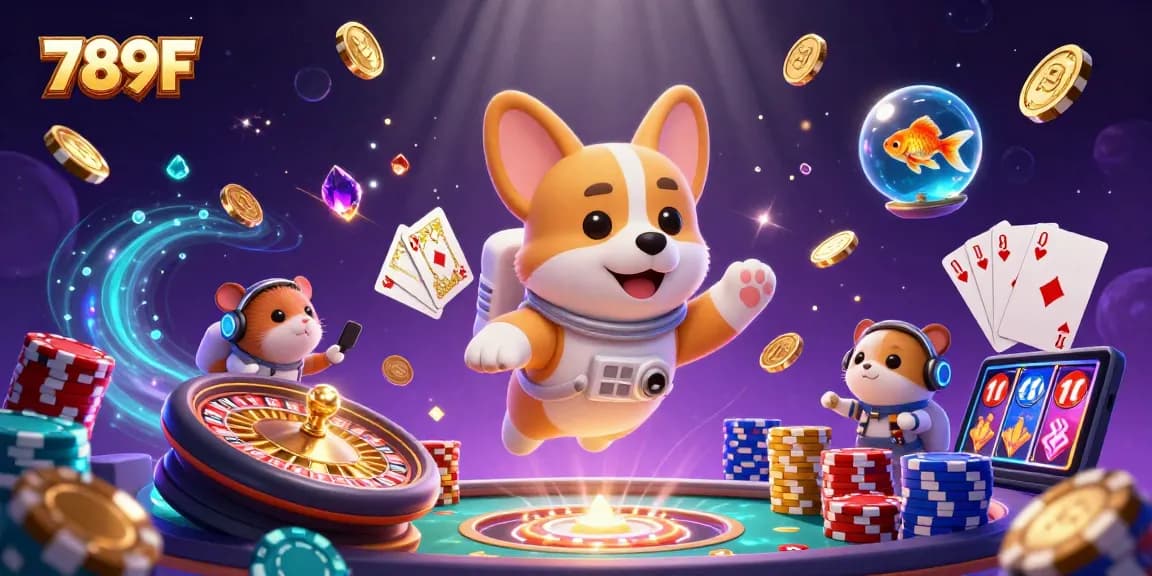 Enjoy casino fun at 789F with an astronaut corgi, chips, and floating gold coins!