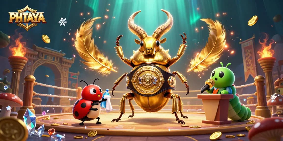 PHTAYA brings to life a vibrant 3D illustration of a golden beetle in a boxing ring, surrounded by distorting gaming elements and absorbing energy.
