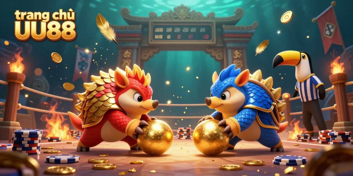 Compete at trang chủ UU88 with exciting pangolin characters in a vibrant casino atmosphere featuring poker chips and golden confetti.