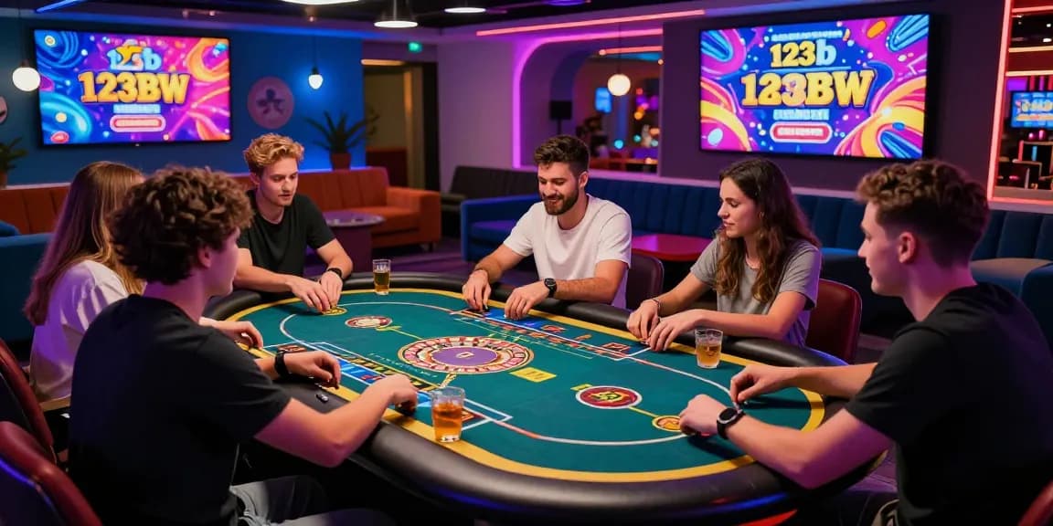 Exciting gaming scene at 123b casino with friends enjoying roulette and poker in a lively atmosphere.