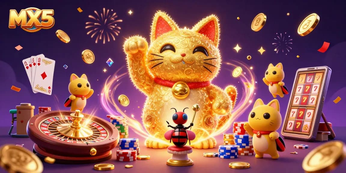 Join the excitement at MX5 with a dynamic illustration featuring a lucky cat and casino symbols.