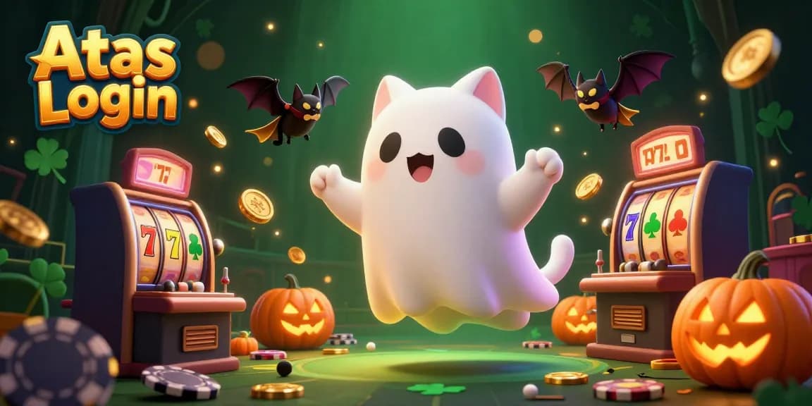 Access the exciting Atas Login experience with a ghostly cat, casino elements, and festive jack-o-lanterns.