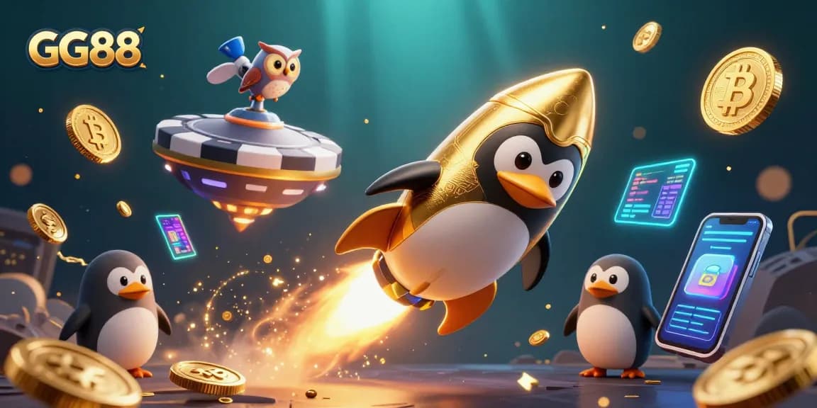 Experience GG88's dynamic gaming universe with a vibrant penguin racing towards a casino