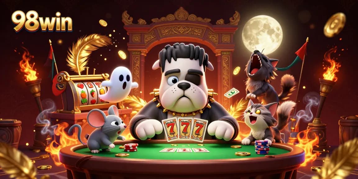 Experience thrilling gameplay at 98win with a dynamic scene featuring cards, gold coins, and vibrant casino elements.