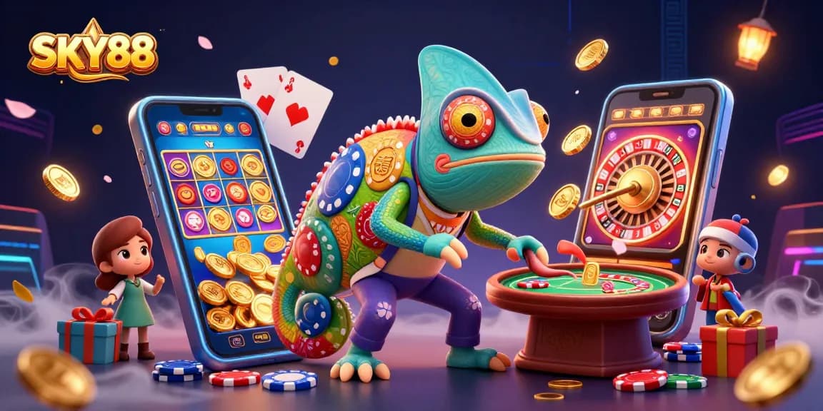 Experience the thrilling Sky88 casino world with a vibrant chameleon owner animatedly collecting coins.