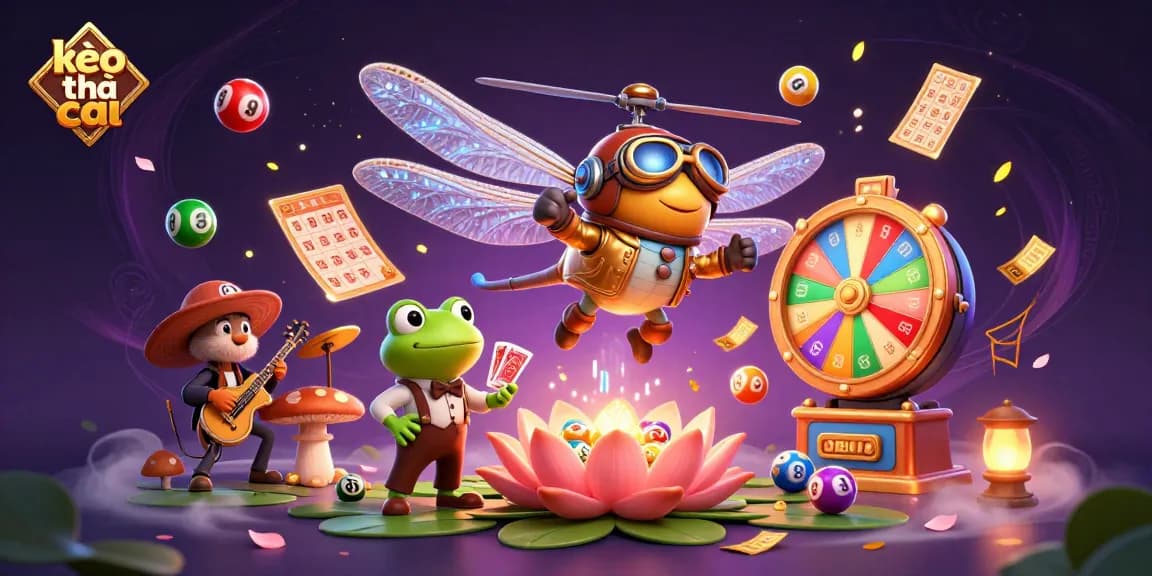 Engage in kèo nhà cái action with dynamic lottery balls and a frog croupier in a vibrant casino scene.
