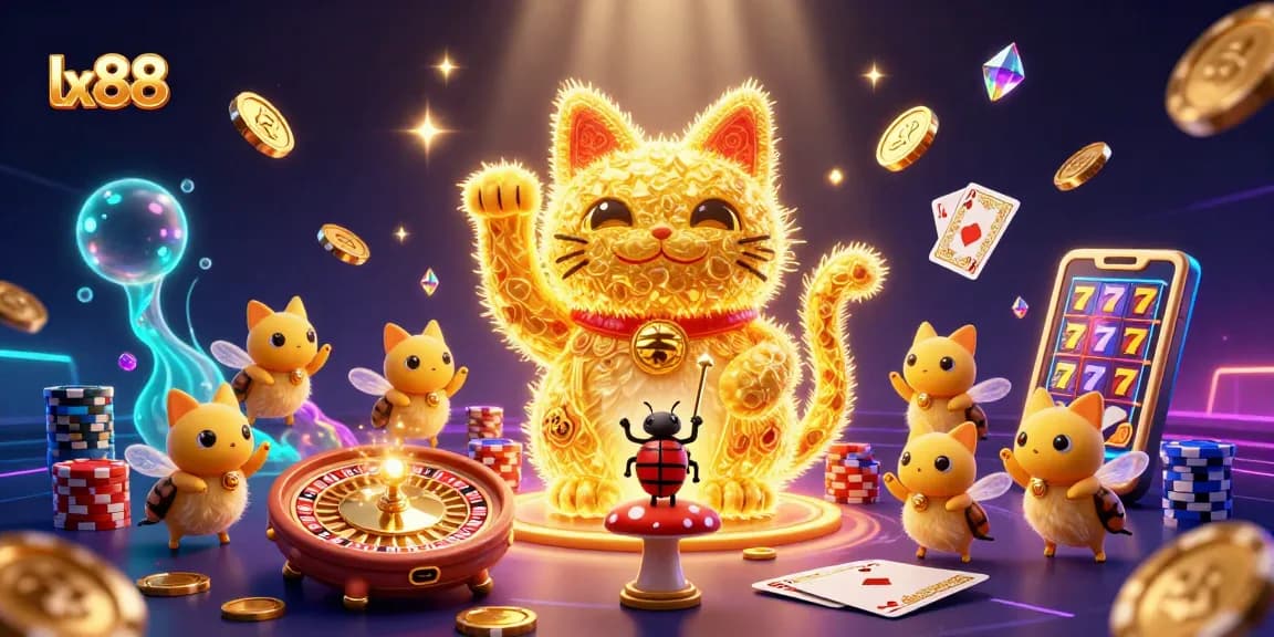 Experience thrilling wins at lx88, where golden coins and gems launch from a lucky cat immersed in casino excitement.