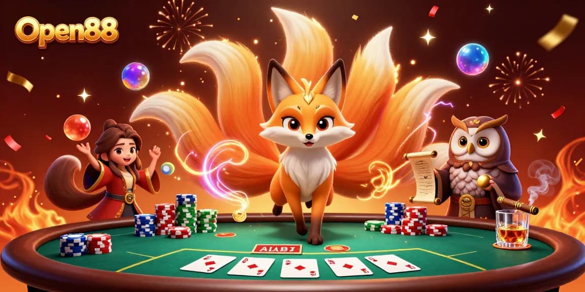 Open88 players enjoying a vibrant poker game atmosphere filled with colorful spirits and casino elements