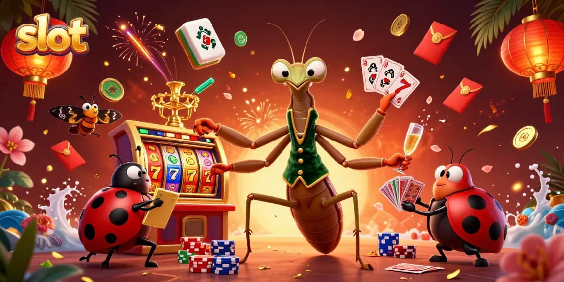 Slot menawan dengan karakter mantis mengedarkan kartu, penuh simbol keberuntungan dan elemen kasino.