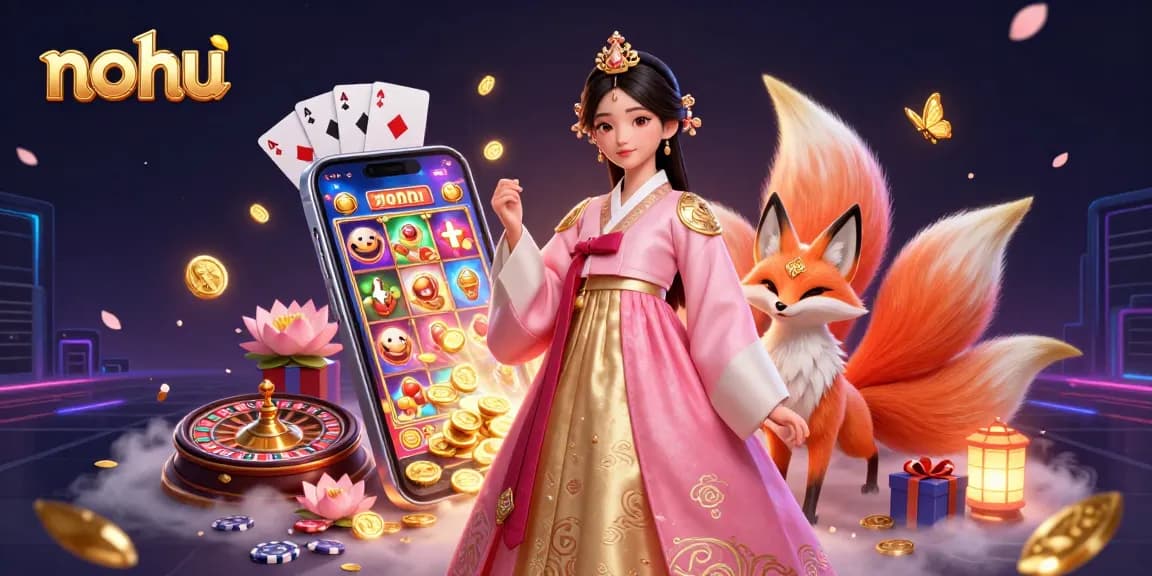 Engage with the nohu casino experience featuring an Asian woman, lucky fox, and vibrant gaming elements.