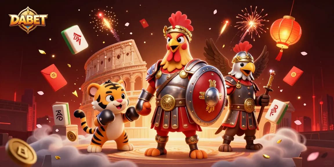 DABET showcases an exciting gambling scene with a gladiator rooster, tiger cub, and eagle in 3D illustration.