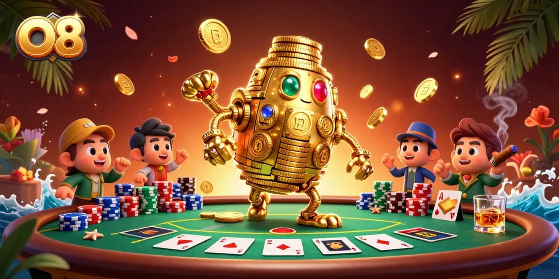 Join the gaming excitement at O8 with a dynamic casino illustration of a golden golem.