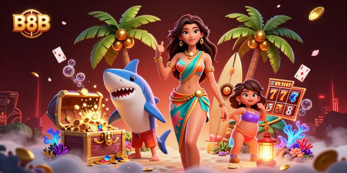 B8B spins winning slots with a glamorous casino scene featuring vibrant characters and action-packed elements.