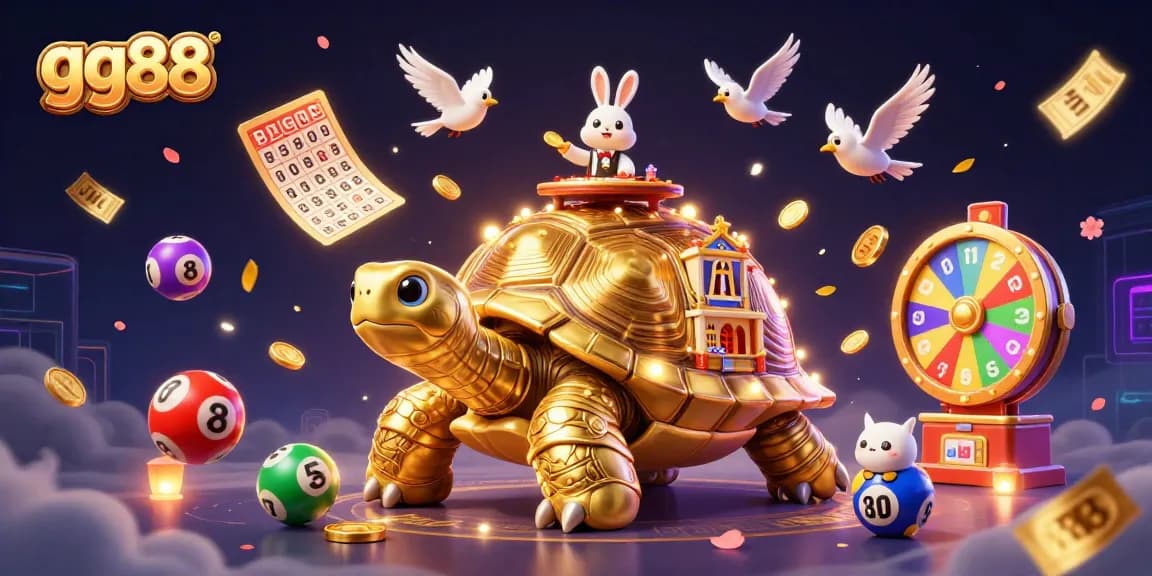 Join the excitement with gg88's vibrant 3D rendering of a golden tortoise casino scene filled with games