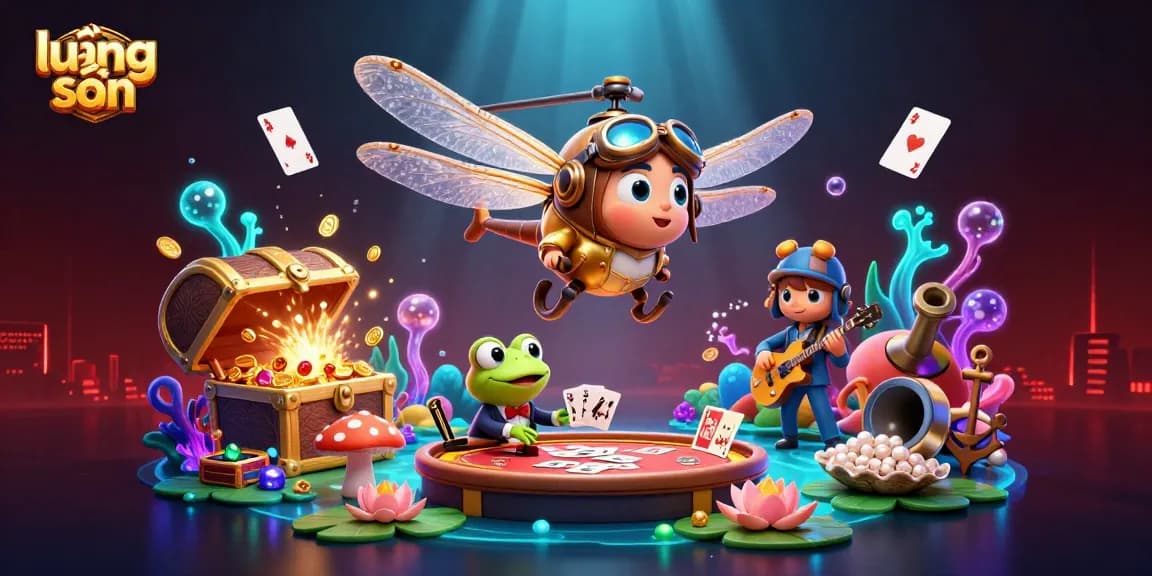 Engage with lương sơn at a vibrant lily pad casino featuring a dragonfly pilot and card-dealing frog.