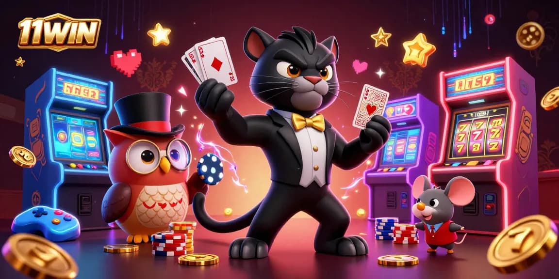 11WIN card dealing panther amidst vibrant casino elements for an engaging gaming experience.