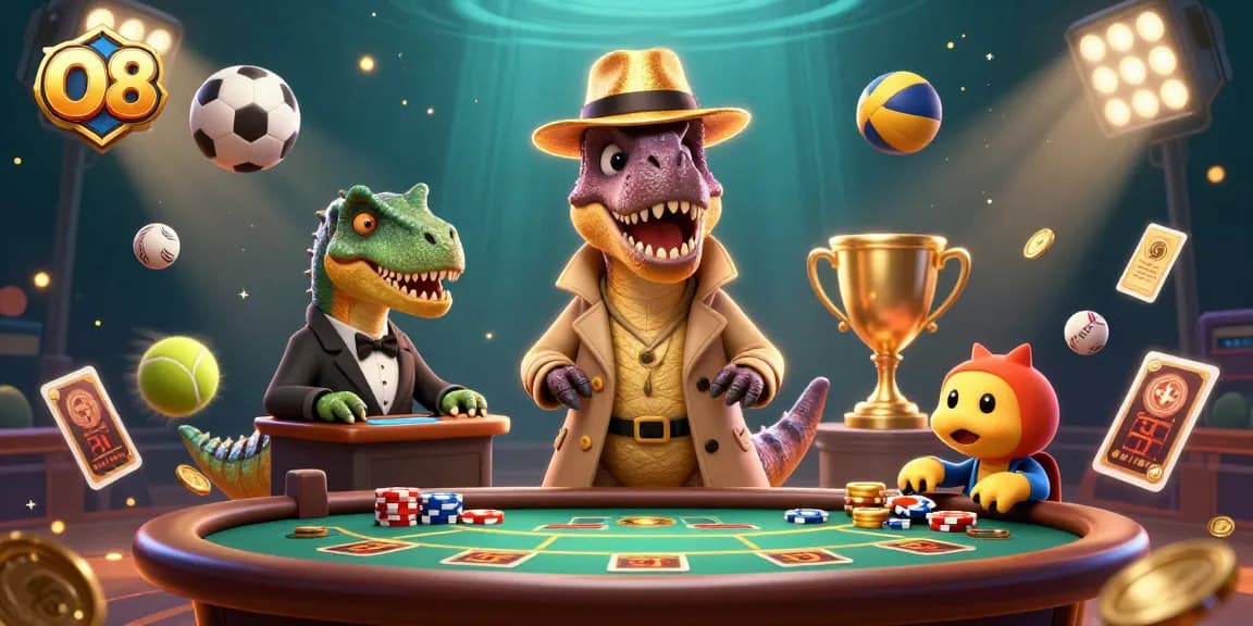 Enjoy thrilling gameplay at O8 with our colorful, engaging casino scene featuring unique characters.