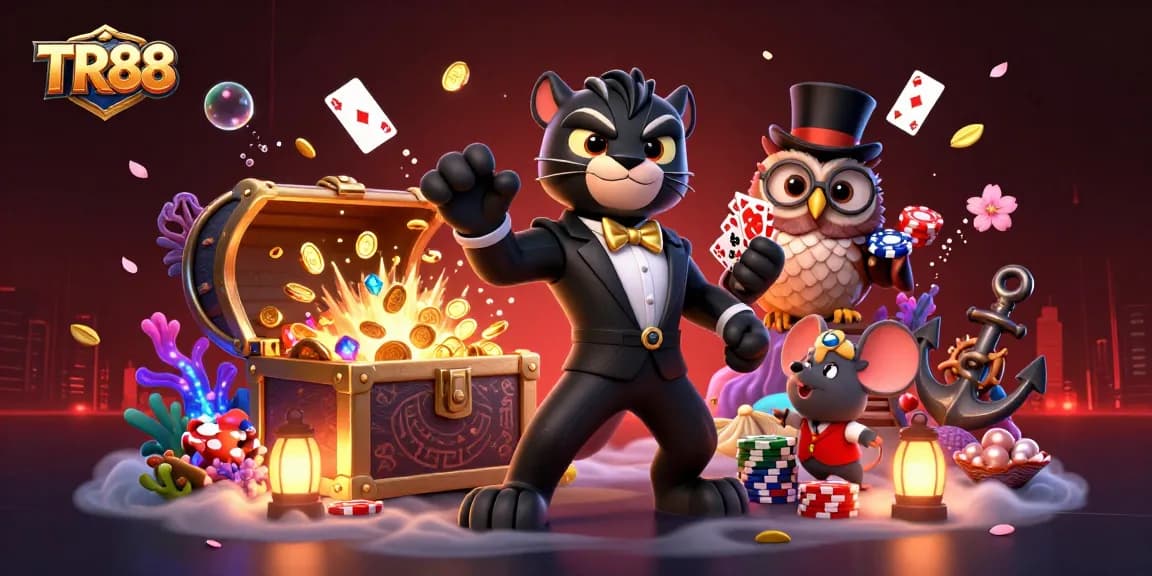 TR88 themed characters engage with poker chips and cards amidst dazzling casino elements.