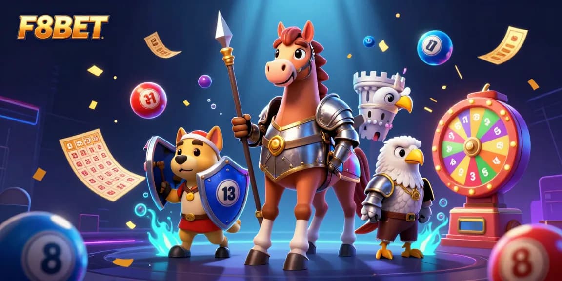 F8BET invites thrilling moments with a dynamic scene featuring a knight, puppy, and falcon amidst exciting casino elements.