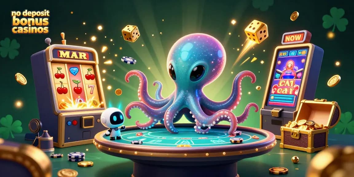 Engage in no deposit bonus casinos with a whimsical 3D alien octopus and vintage gaming elements.