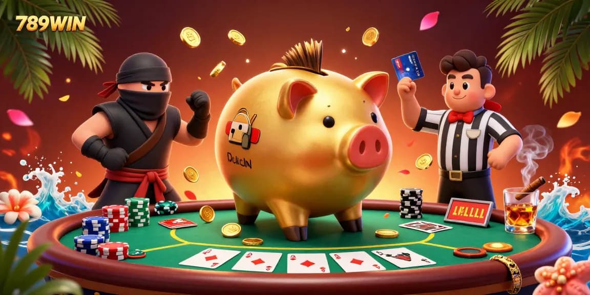 Experience thrilling wins with 789WIN as the piggy bank sumo wrestler unleashes golden coins in a vibrant casino scene.