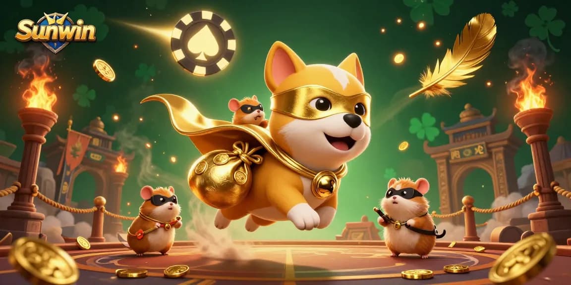 Experience Sunwin's thrilling atmosphere with a superhero dog and hamster amidst a vibrant casino adventure.