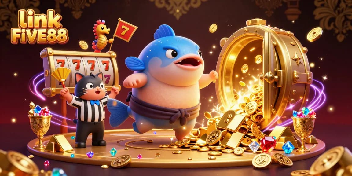 Engage with link FIVE88 in a vibrant gambling scene featuring a lucky fugu, catfish referee, and glimmering treasures.