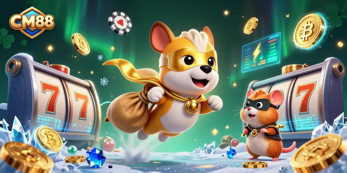 Play exciting slots at CM88 with a superhero dog bringing in gold coins, magical animations, and sparkling effects.