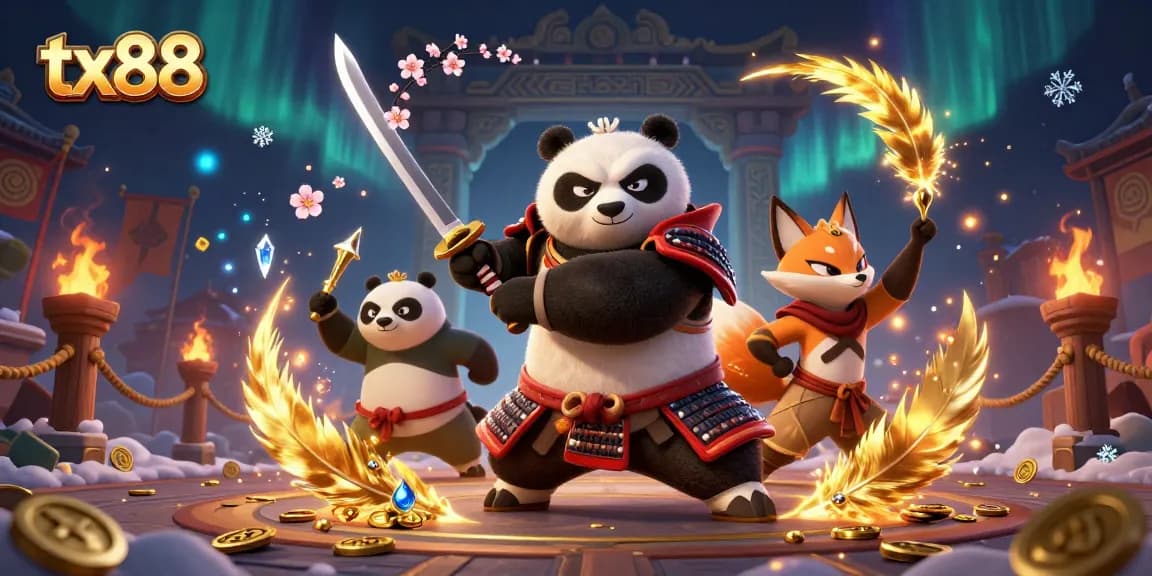 Experience the exciting world of tx88 casino with a dynamic illustration showcasing a samurai panda and ninja fox amidst gold coins and betting tokens.